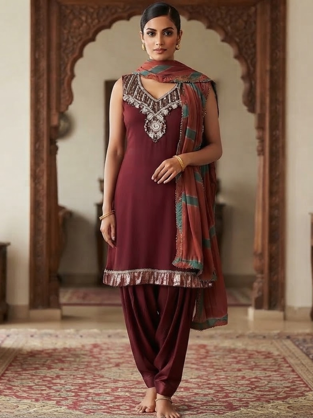 Elegant Maroon Salwar Kameez Set with Embellished Neckline